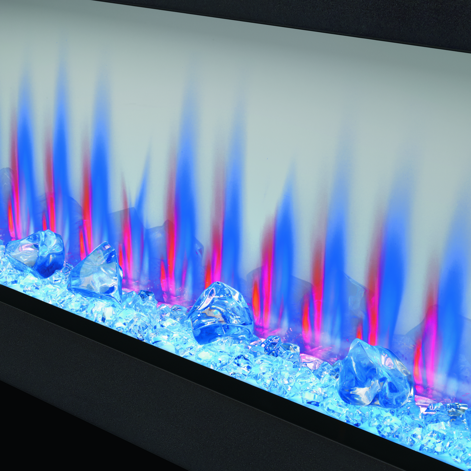 Electric fireplace with blue and red flames and glass beads.