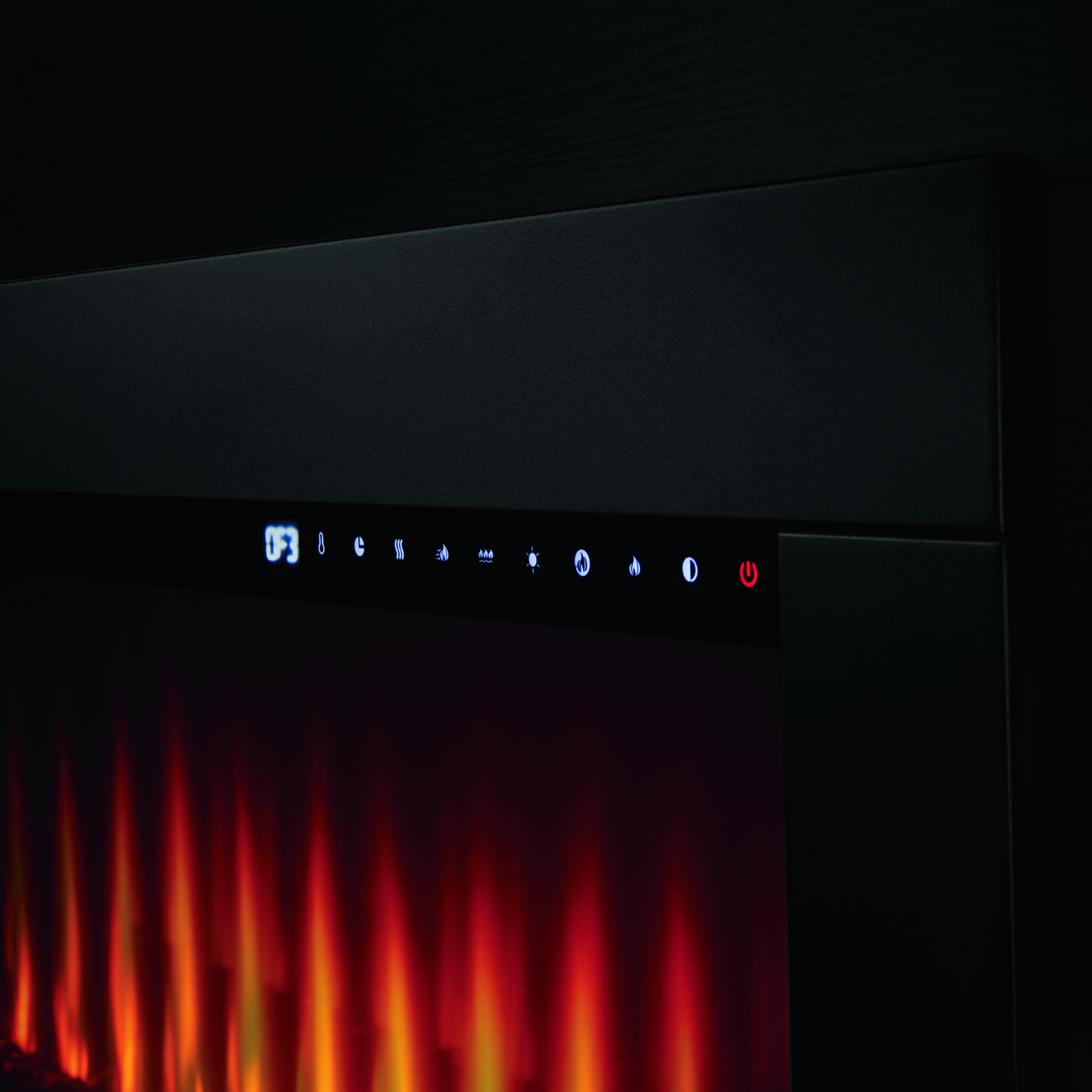 Modern electric fireplace with digital control panel in a dark setting