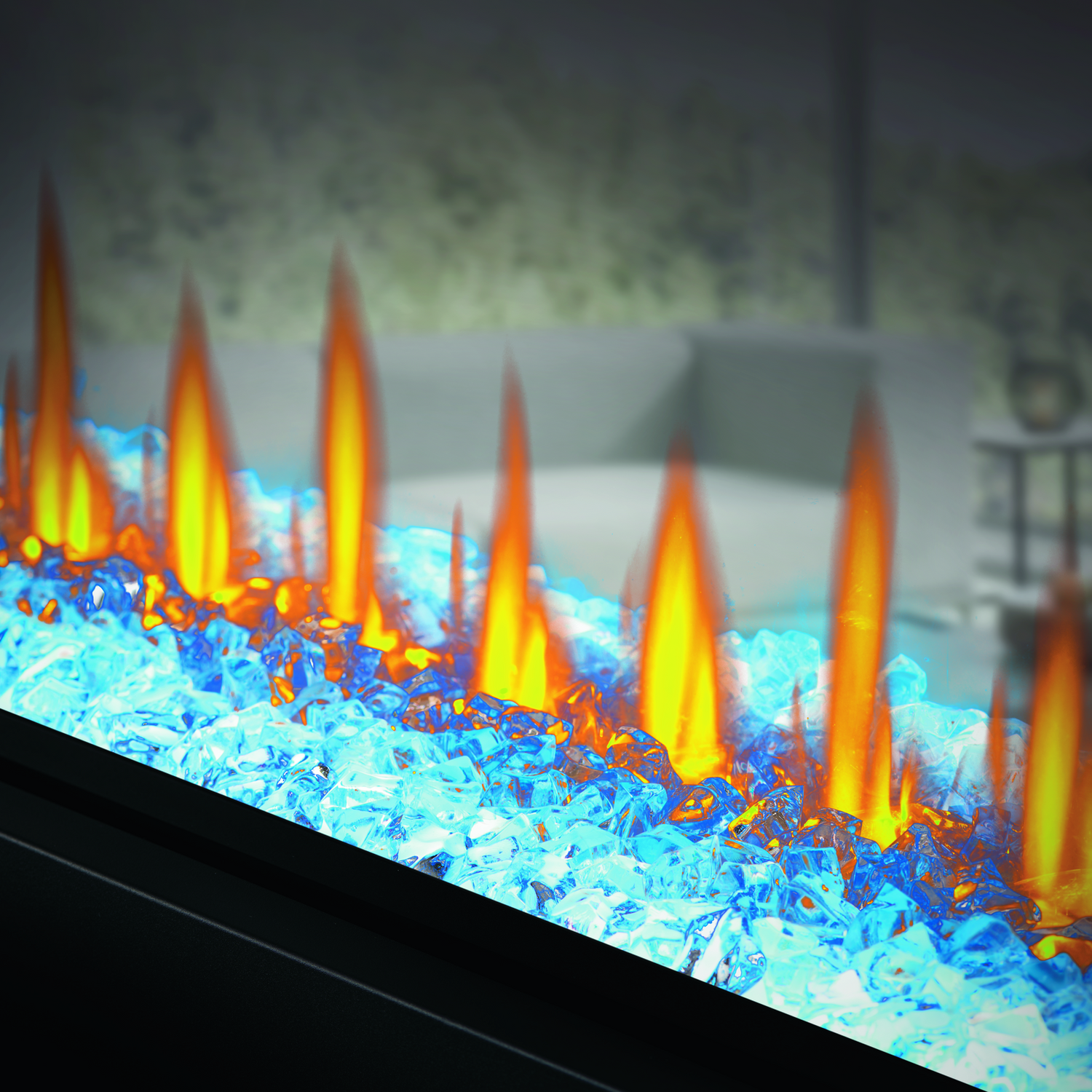 Modern electric fireplace with blue and orange flames in a living room setting.