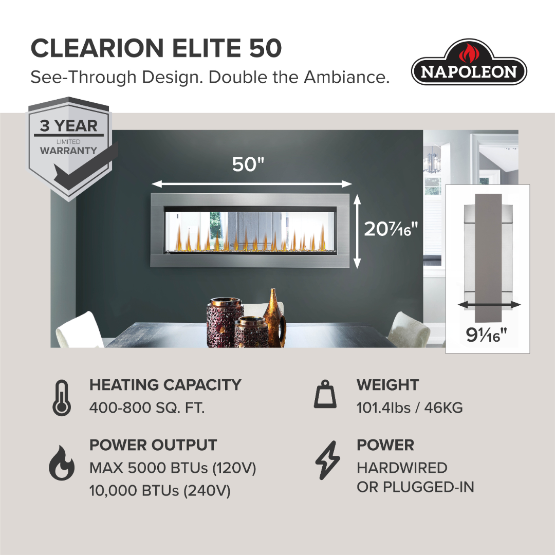 Napoleon CLEARion™ Elite See-Through Electric Fireplace – Dual Room Comfort, Total Control