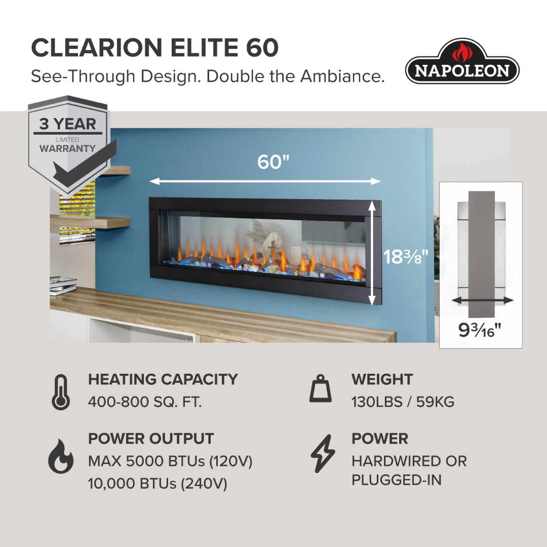 Napoleon CLEARion™ Elite See-Through Electric Fireplace – Dual Room Comfort, Total Control