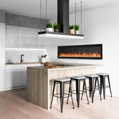 Modern kitchen with a fireplace and bar stools