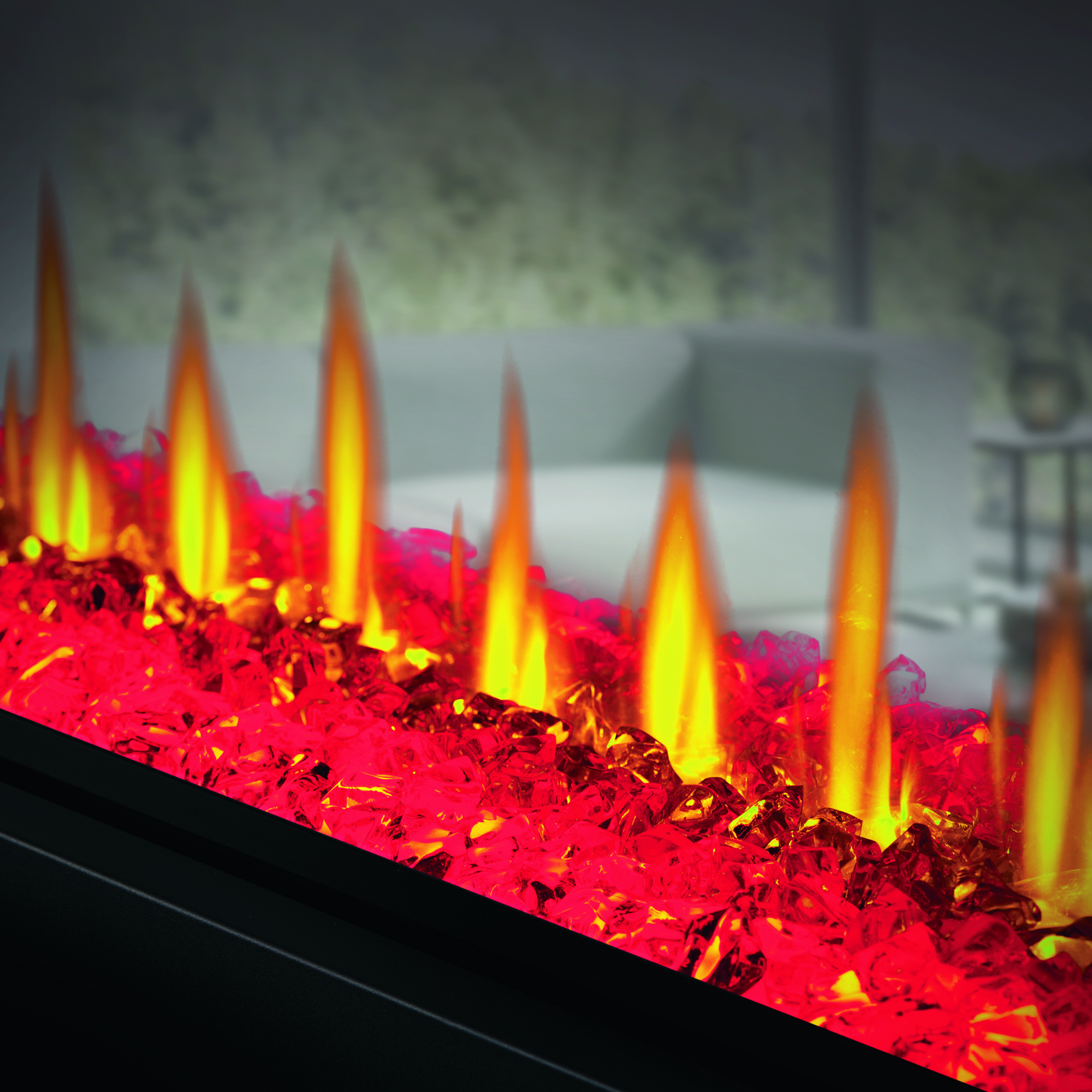 Electric fireplace with glowing flames in a modern living room setting