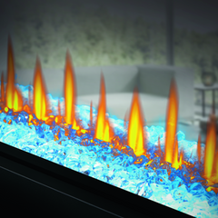 Modern electric fireplace with blue and orange flames in a living room setting.