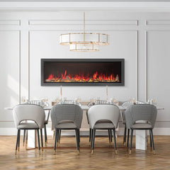 Dining room with a modern electric fireplace above a dining table.