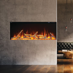 Modern living room with a stylish electric fireplace and decor elements.