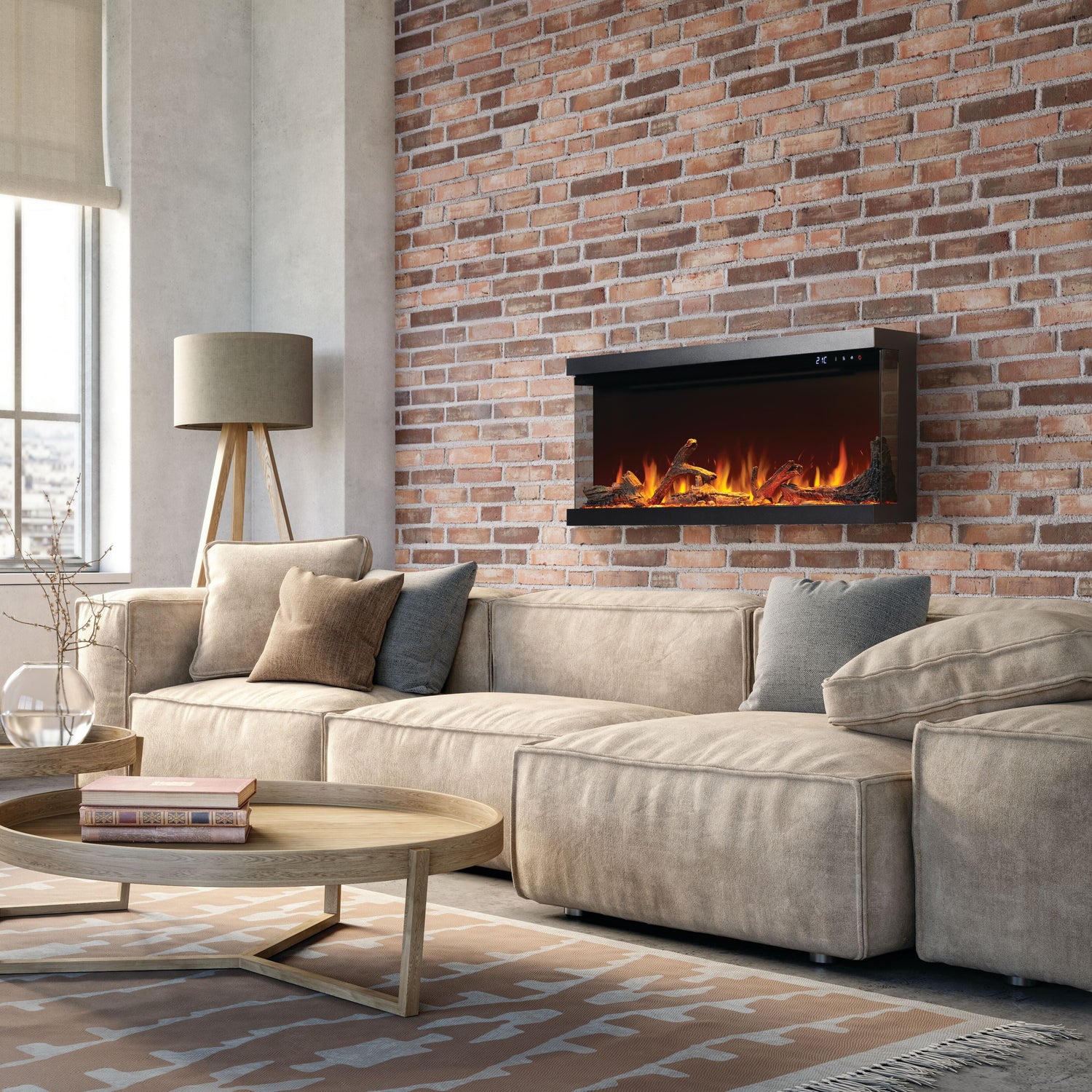 Modern living room with a beige sectional sofa, armchair, and wall-mounted fireplace.