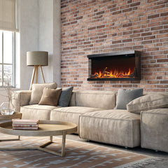 Modern living room with a beige sectional sofa, armchair, and wall-mounted fireplace.